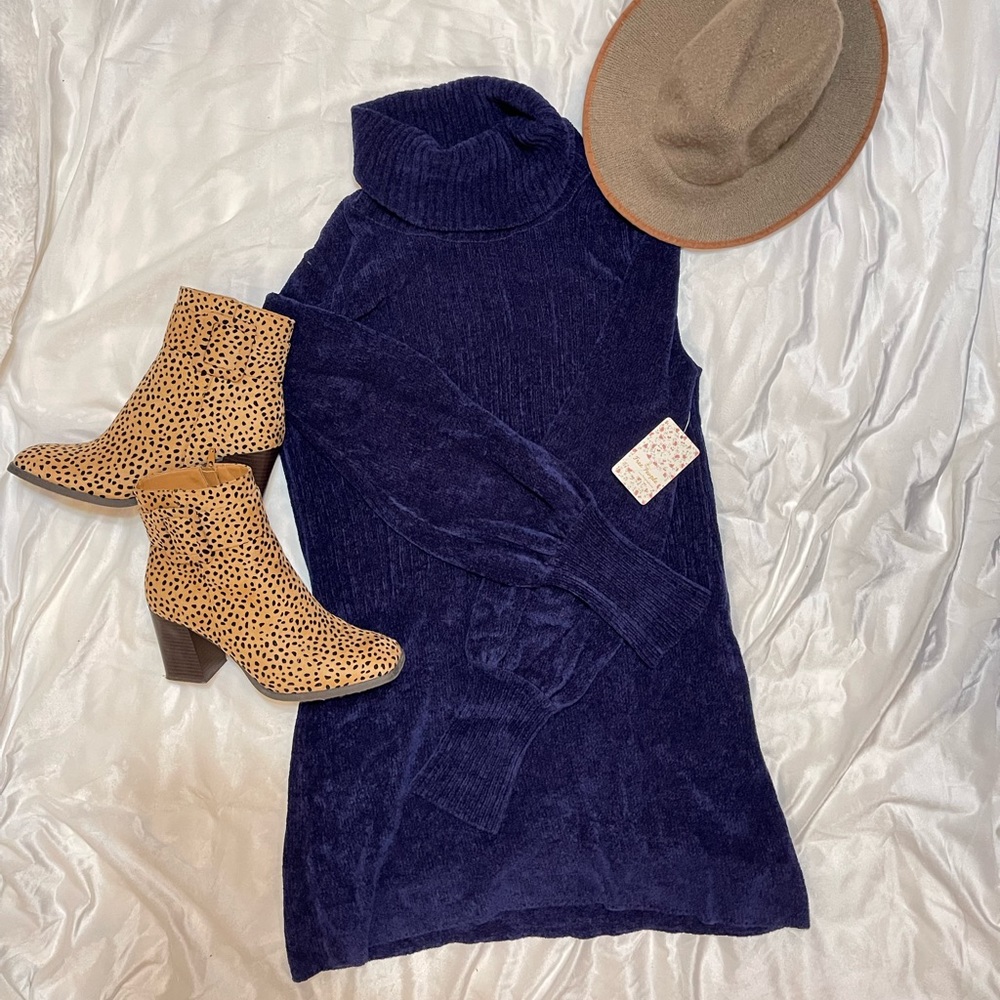FREE PEOPLE Chenille Turtleneck Sweater Tunic/Dress Navy SMALL NWT